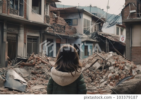 The child stands with his back turned and looks at the ruined and destroyed house,generative AI. The child stands with his back turned and looks at the ruined and destroyed house,generative AI. 103379187