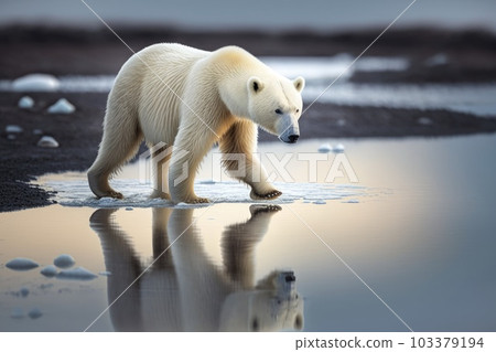 A polar bear in search of food, an animal under threat of extinction due to global warming, generative AI. 103379194