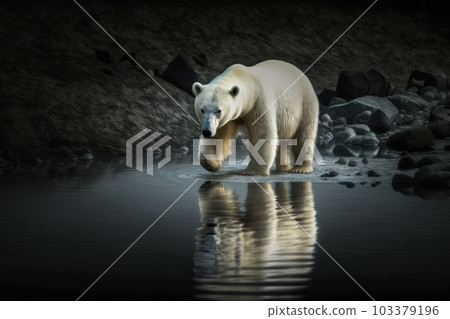 A polar bear in search of food, an animal under threat of extinction due to global warming, generative AI. 103379196
