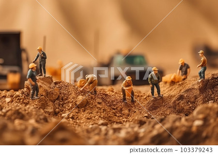 miniature workers dig for rocks and minerals, generative AI. 103379243