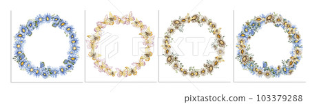 Spring flowers wreath set . Watercolor illustration for scrapbooking, cards, backgrounds. Cartoon hand drawn background with summer flower for kids design. Perfect for wedding invitation. 103379288