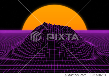 3D mountain grid with sunset 103380291