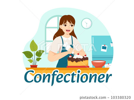 Confectioner Vector Illustration with Chef Wearing Apron Preparing Dessert, Sweet Products and Pastry in Flat Cartoon Hand Drawn Templates Confectioner Vector Illustration with Chef Wearing Apron Preparing Dessert, Sweet Products and Pastry in Flat Cartoon Hand Drawn Templates 103380320
