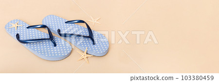 Beach accessories. Flip flops and starfish on colored background. Top view Mock up with copy space 103380459
