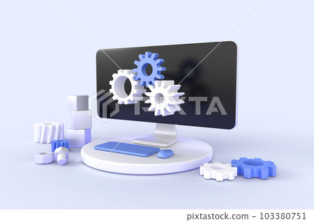 Technical support isometric 3d render. Computer service with gears on pc screen, software development. Concept of settings, installation, maintenance, repair and fixing, web banner. 3D Illustration 103380751