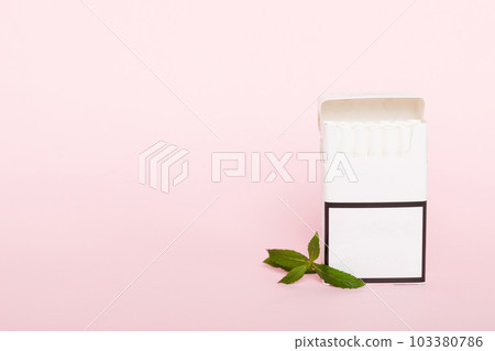 Pack of menthol cigarettes and fresh mint on colored table, Menthol cigarettes top view flat lay 103380786