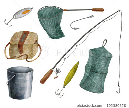 Watercolor fishing tackle set. Hand drawn fishing rod, net, metal bucket, wicker creel, hook, bait, lure isolated on white background. Angling sport hobby equipment. Summer catching fish illustration Watercolor fishing tackle set. Hand drawn fishing rod, net, metal bucket, wicker creel, hook, bait, lure isolated on white background. Angling sport hobby equipment. Summer catching fish illustration 103380858