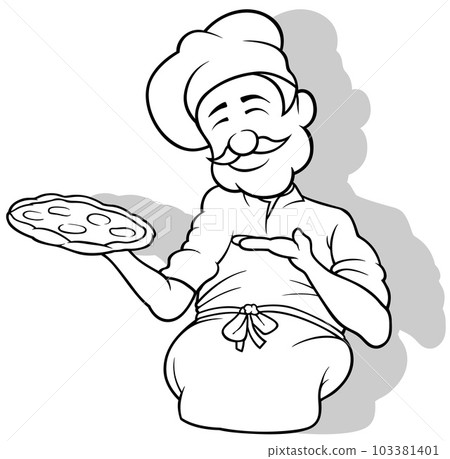 Drawing of a Chef Holding a Pizza 103381401