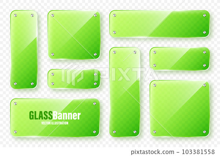 Realistic glass frames collection. Green transparent glass banners with flares and highlights. Glossy acrylic plate, element with light reflection and place for text. Vector illustration Realistic glass frames collection. Green transparent glass banners with flares and highlights. Glossy acrylic plate, element with light reflection and place for text. Vector illustration 103381558