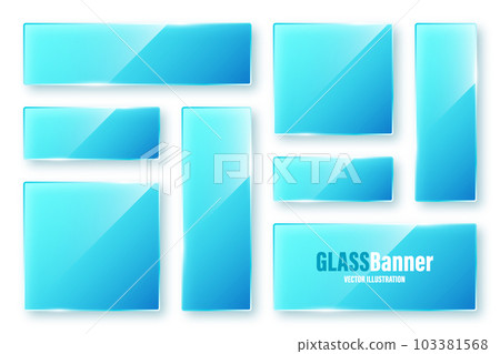 Realistic isolated glass frames collection. Blue transparent glass banners with flares and highlights. Glossy acrylic plate, element with light reflection and place for text. Vector illustration 103381568
