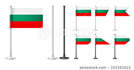 Bulgarian table flags on a chrome steel pole. Souvenir from Bulgaria. Desk flag made of paper or fabric, shiny metal stand. Mockup for promotion and advertising. Vector illustration Bulgarian table flags on a chrome steel pole. Souvenir from Bulgaria. Desk flag made of paper or fabric, shiny metal stand. Mockup for promotion and advertising. Vector illustration 103381622