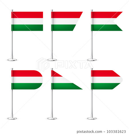 Realistic various Hungarian table flags on a chrome steel pole. Souvenir from Hungary. Desk flag made of paper or fabric, shiny metal stand. Mockup for promotion and advertising. Vector illustration Realistic various Hungarian table flags on a chrome steel pole. Souvenir from Hungary. Desk flag made of paper or fabric, shiny metal stand. Mockup for promotion and advertising. Vector illustration 103381623