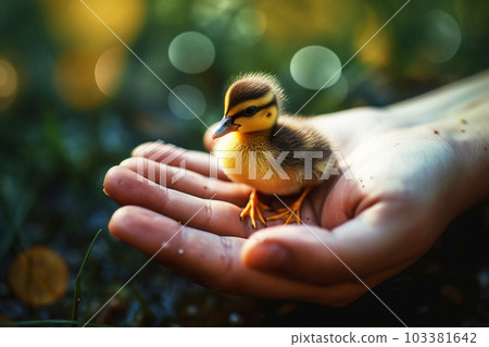 Small duckling on a human hand, generative ai Small duckling on a human hand, generative ai 103381642