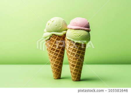 Two green pistachio ice cream in a cone, generative ai Two green pistachio ice cream in a cone, generative ai 103381646