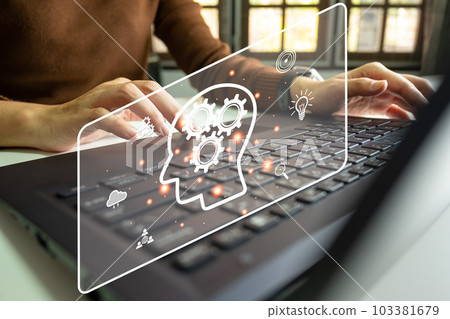 AI technology, Artificial Intelligence, Chatbot Chat and talk with AI, Using laptop for search and find data by command prompt, robot learning machine create or generate picture or article auto 103381679