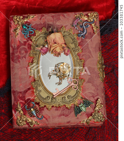 Antique Victorian Era Book With Colorful Gemstones added. Fairy Tale Scary Book With Scorpion and Bat Antique Victorian Era Book With Colorful Gemstones added. Fairy Tale Scary Book With Scorpion and Bat 103381745