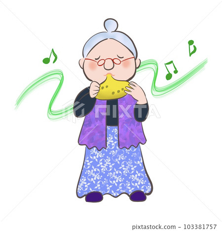 Illustration of a grandmother happily blowing an ocarina Illustration of a grandmother happily blowing an ocarina 103381757