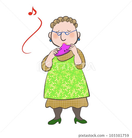 Illustration of a grandmother happily blowing an ocarina 103381759