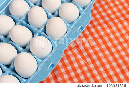 Carton of Eggs on Rustic Table With Checkered Table Cloth Carton of Eggs on Rustic Table With Checkered Table Cloth 103381816