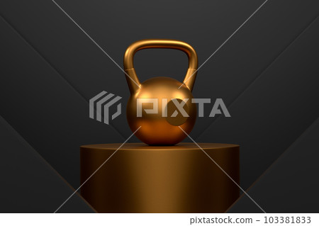 Kettlebell with metal disks on cylinder podium with steps on monochrome Kettlebell with metal disks on cylinder podium with steps on monochrome 103381833
