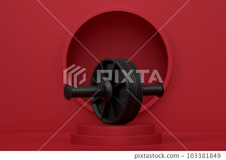 AB roller for abdominal muscles on cylinder podium with steps on monochrome AB roller for abdominal muscles on cylinder podium with steps on monochrome 103381849