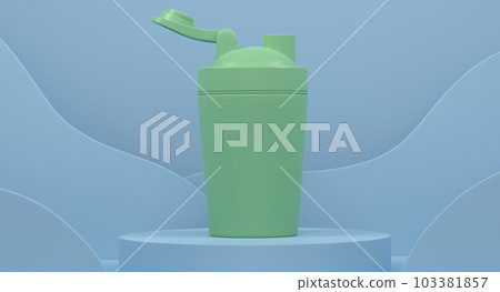 Plastic sport shaker on cylinder podium with steps on monochrome background Plastic sport shaker on cylinder podium with steps on monochrome background 103381857