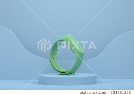 Fitness tracker or smart watch on cylinder podium with steps on monochrome Fitness tracker or smart watch on cylinder podium with steps on monochrome 103381858