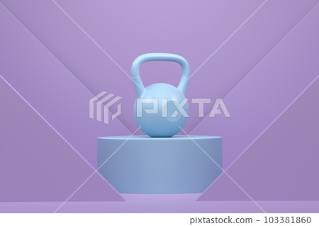 Kettlebell with metal disks on cylinder podium with steps on monochrome Kettlebell with metal disks on cylinder podium with steps on monochrome 103381860
