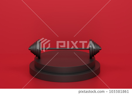 Barbell with metal disks on cylinder podium with steps on monochrome background Barbell with metal disks on cylinder podium with steps on monochrome background 103381861