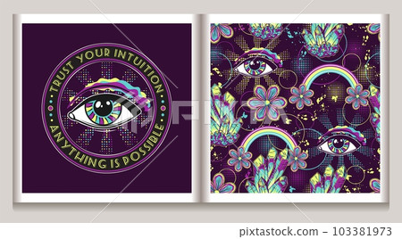 Surreal pattern, label with all seeing eye, crystals, flowers, paint splatter and halftone shapes. Concept of expansion of mind. For fantasy, groovy, hippie, mystical, esoteric, surreal design Surreal pattern, label with all seeing eye, crystals, flowers, paint splatter and halftone shapes. Concept of expansion of mind. For fantasy, groovy, hippie, mystical, esoteric, surreal design 103381973