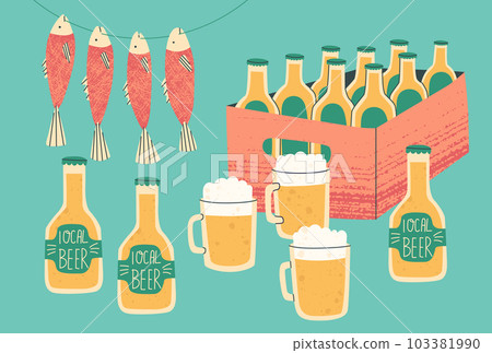 Fair of local products. Local or craft beer. Bottles of beer in a box and mugs for tasting. Vector isolated elements with textures. Fair of local products. Local or craft beer. Bottles of beer in a box and mugs for tasting. Vector isolated elements with textures. 103381990