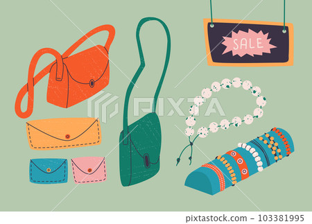 Fair of local artists. Leather goods, bags and purses, jewelry, bracelets, beads. Handmade accessories. Vector flat trend illustration with textures. Fair of local artists. Leather goods, bags and purses, jewelry, bracelets, beads. Handmade accessories. Vector flat trend illustration with textures. 103381995