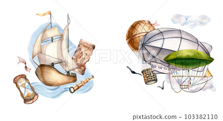Composition of sailing ship, aircraft watercolor illustration isolated on white. Hour glass, spyglass, boat, air transport hand drawn. Childish design, element for boy's room, print, postcard 103382110