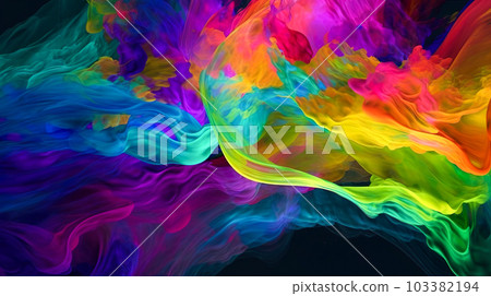 Background "AI generated image" with a rainbow-colored abstract pattern on a black background 103382194