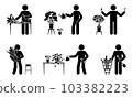 Stick figure male planting home flowers vector set. Stickman person taking care of houseplant icon pictogram 103382223