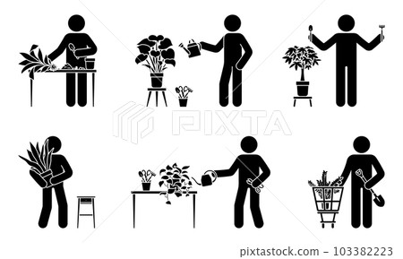 Stick figure male planting home flowers vector set. Stickman person taking care of houseplant icon pictogram Stick figure male planting home flowers vector set. Stickman person taking care of houseplant icon pictogram 103382223