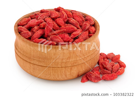 Dried goji berries in wooden bowl isolated on white background 103382322