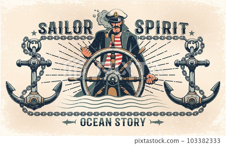 Maritime retro poster with a captain at the helm 103382333