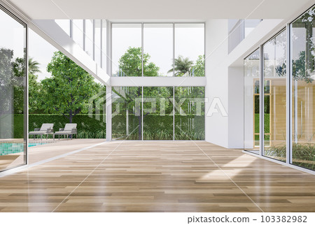 Minimal style modern grass house empty room with open sliding door to swiimming pool terrace 3d render Minimal style modern grass house empty room with open sliding door to swiimming pool terrace 3d render 103382982