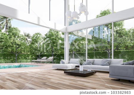 Minimal style modern grass house living room with swimming pool terrace background 3d render Minimal style modern grass house living room with swimming pool terrace background 3d render 103382983