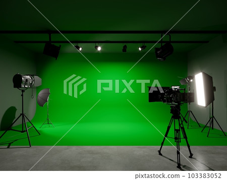 green screen photo studio with lighting and movie camera. 3D rendering 103383052