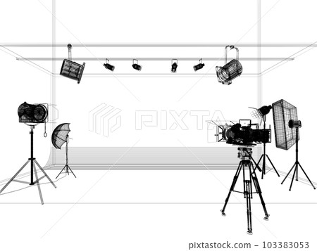 photo studio with lighting and movie camera. 3D rendering  wire-frame 103383053