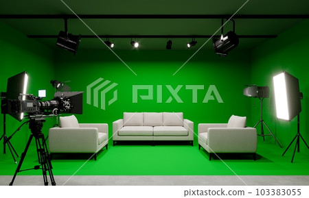 green screen photo studio with lighting and movie camera. 3D rendering 103383055