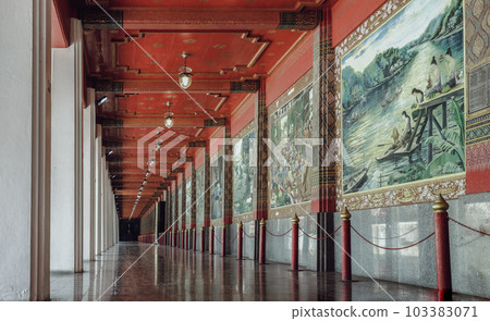 A Diminishing Perspective Interior View of Walkway at Wat Pa Lelai Worawihan (Pa Lelai Worawihan Temple). 103383071