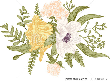 Summer bouquet in vintage style. Flower arrangement with  tulips, anemones, ferns, eucalyptus seeds. Botanical illustration. Pastel colors. 103383097