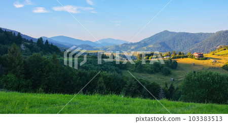fresh morning and peacefulness of the rural landscape in mountains. scenery with forested rolling hills and grassy meadows. ridge beneath a blue summer sky fresh morning and peacefulness of the rural landscape in mountains. scenery with forested rolling hills and grassy meadows. ridge beneath a blue summer sky 103383513