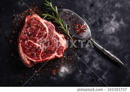 Raw fresh meat, Ribeye steak, seasoning and meat fork on grey board. AI generated. Raw fresh meat, Ribeye steak, seasoning and meat fork on grey board. AI generated. 103383737