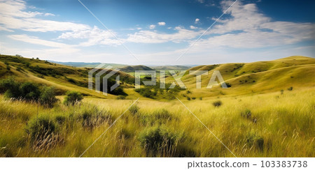 Tranquil countryside with rolling hills and clear blue sky. AI generated. 103383738