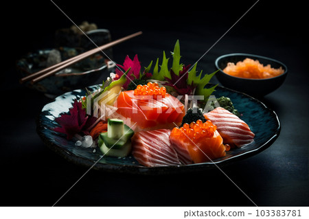 Freshly Sliced Raw Fish Sashimi. Sliced raw fish, salmon, tuna yellowtail. Japanese cuisine. AI generated. 103383781