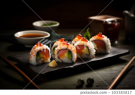 Sushi Platter with Fresh Seafood Creations served with wasabi and soy sauce. Japanese cuisine. AI generated. 103383817